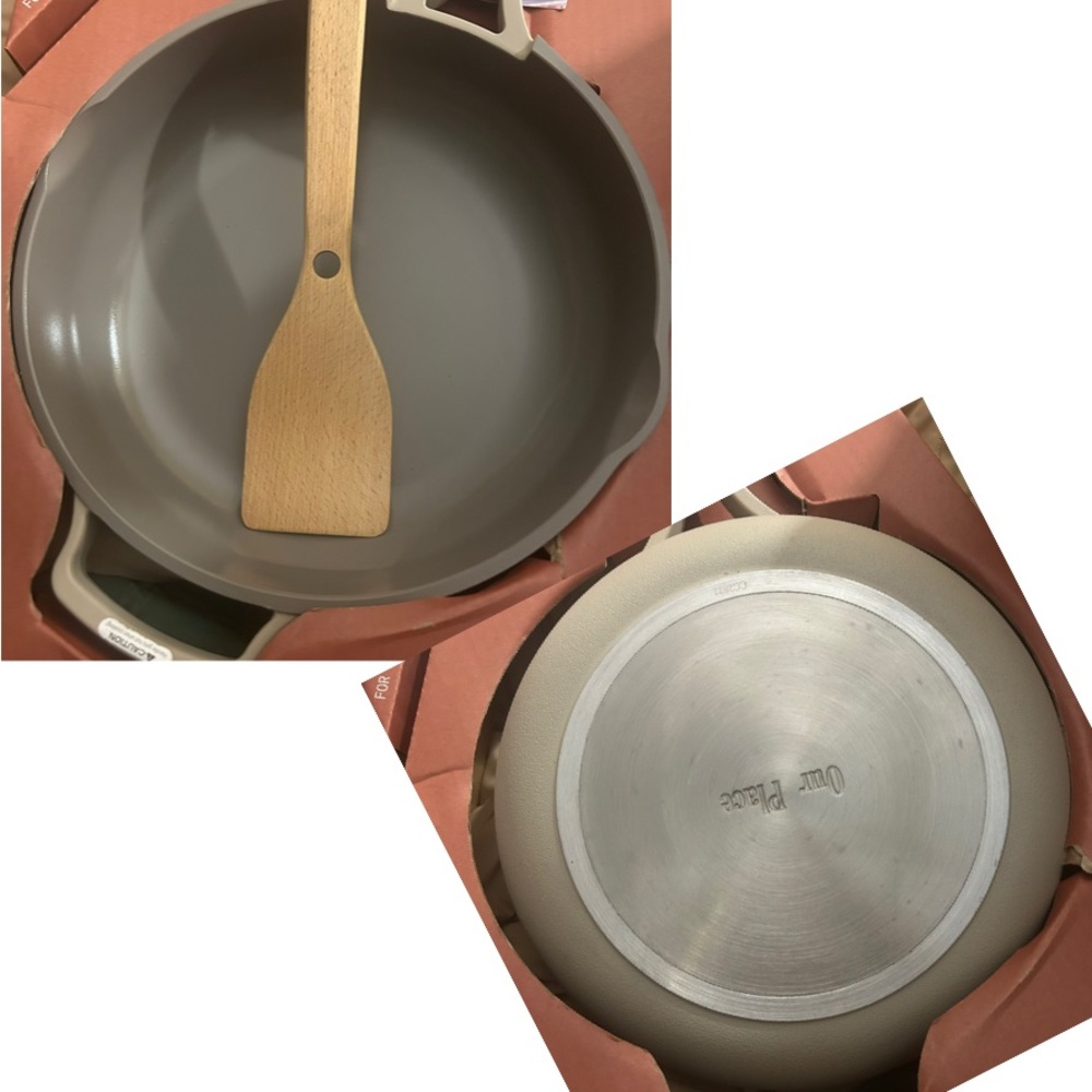 NWOB Our Place Forever Non Stick Pan Strainer Wooden Spoon Beige Pot 10.5 in - Picture 7 of 16